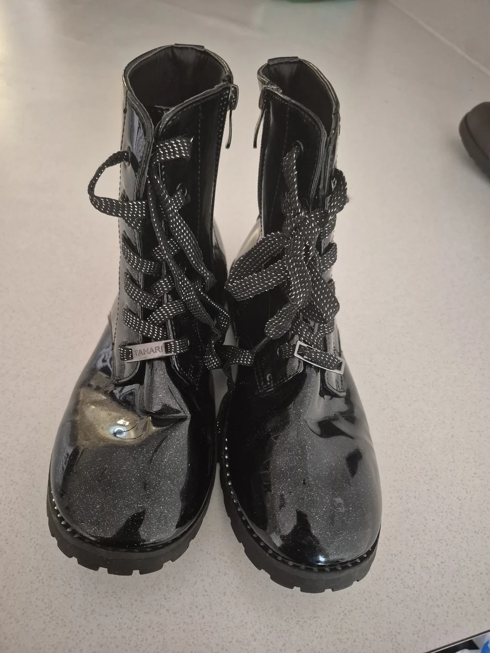 Girls' Black Glitter Patent Lace-Up Ankle Boots